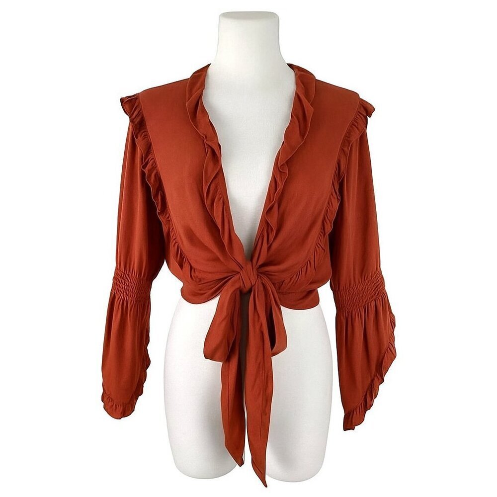 LUG VON SIGA Women’s Bianca Tie Top Ruffled Blouse Size 38 Rust/Coral Color